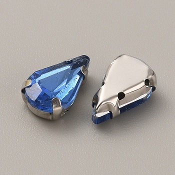 Teardrop Shape Sew on Rhinestone, Faceted Glass Rhinestone, Multi-Strand Links, with 304 Stainless Steel Settings, Light Sapphire, 13x8x5mm, Hole: 1mm