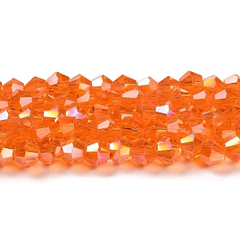 Transparent Electroplate Glass Beads Strands, AB Color Plated, Faceted, Bicone, Orange Red, 4x4mm, Hole: 0.8mm, about 87~98pcs/strand, 12.76~14.61 inch(32.4~37.1cm)