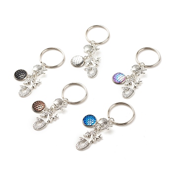Tibetan Style Alloy Pendants Keychain, with Tibetan Style Alloy Link Connerctors, Resin Pendants, Iron Split Key Rings, Mermaid & Shell, Antique Silver & Platinum, 6.8cm