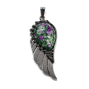 Natural Ruby in Zoisite Big Pendants, Wing Charms with Alloy Findings, Antique Silver, 56.5~57x22.5~23x7~8mm, Hole: 4x8.5mm