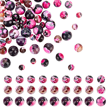 60Pcs 3 Styles Natural Dyed Fire Crackle Agate Beads Sets, Faceted, Round, Magenta, 6~10mm, Hole: 1~1.2mm, 20pcs/style