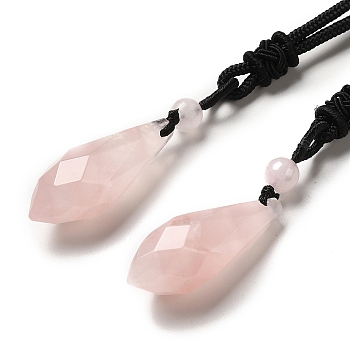 Cone Natural Rose Quartz Pendant Necklace with Nylon Rope for Women, 26.77 inch(68cm)