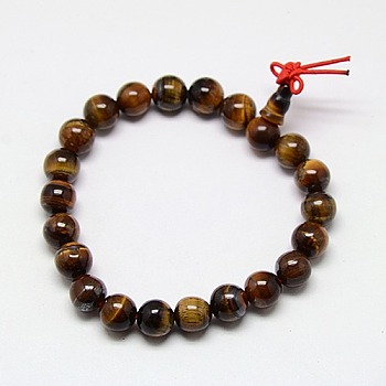 Buddhist Jewelry Mala Beads Bracelets Natural Tiger Eye Stretch Bracelets, Unisex Round Gemstone Beaded Bracelets, Dark Goldenrod, 2 inch(5cm), 8mm