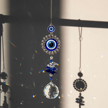Evil Eye Pendant Decorations, Alloy & Glass Hanging Suncatchers, for Home Decoration, Flower Pattern, 430mm