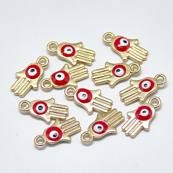 Light Gold Plated Alloy Charms, with Enamel, Religion, Hamsa Hand/Hand of Fatima /Hand of Miriam with Evil Eye, Red, 14.5x8x2.5mm, Hole: 1.8mm