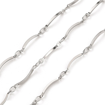 Handmade 304 Stainless Steel Curved Bar Link Chains, Soldered, with Spool, Stainless Steel Color, 15.5x1x1mm, Ring: 2mm, about 32.81 Feet(10m)/Roll