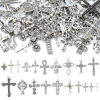 40Pcs 20 Styles Tibetan Style Alloy Pendants, Cross, Antique Silver, 18.5~50x10~34x1.5~4.5mm, Hole: 1.6~3mm, 2pcs/style