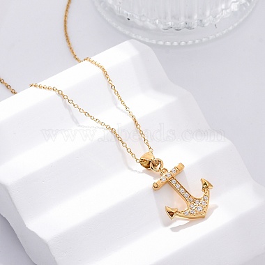 304 Stainless Steel Crystal Rhinestone Anchor Pendant Necklaces(NJEW-Z057-01C-G)-3