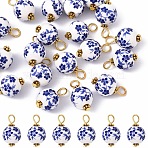 20Pcs Blue & White Floral Printed Porcelain Pendants, with Golden Tone Iron Loops, Round, 21mm, Hole: 3.3mm(PALLOY-YW00112-02)
