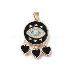 Brass Micro Pave Clear Cubic Zirconia Pendants, with Black Enamel, Flat Round with Evil Eye & Heart Tassel Charms, Real 18K Gold Plated, 25x15x2mm, Hole: 3.5x1.5mm(CU-CBA7960-08G)