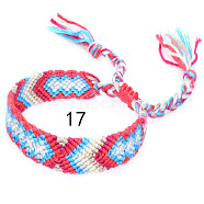 Cotton Braided Rhombus Pattern Cord Bracelet, Ethnic Tribal Adjustable Brazilian Bracelet for Women, Cerise, 5-7/8~14-1/8 inch(15~36cm)(FIND-PW0013-003A-17)