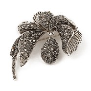 Alloy Rhinestone Brooch Pins,  Flower Badge for Clothes Backpack, Antique Silver, 59x47x14mm(JEWB-Q030-34AS)