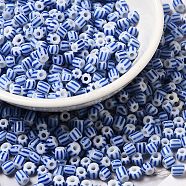 6/0 Opaque Colours Seep Glass Seed Beads, Round Hole, Round with Stripe Pattern, Blue, 3~4.5x3~4.5mm, Hole: 1.2~1.5mm(X-SEED-F003-04A-02)