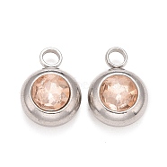304 Stainless Steel Charms, Flat Round with Glass Rhinestone, Stainless Steel Color, PeachPuff, 14x10x6mm, Hole: 2.5mm(STAS-G133-13D)