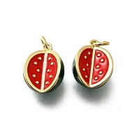 Brass Enamel Pendants, Rack Plating, Cadmium Free & Lead Free, Long-Lasting Plated, Real 18K Gold Plated, Watermelon, 13.5x10x8mm, Hole: 3mm(KK-P295-15G)