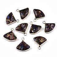 Fan Assembled Synthetic Bronzite and Regalite/Imperial Jasper Pendants, with Iron Loop and Brass Edge, Light Gold, Dyed, Medium Purple, 18~21x18~20.5x5~6mm, Hole: 2mm(G-N330-023-D02)