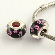 Large Hole Dog Paw Prints Pattern Acrylic European Beads, with Platinum Plated Brass Double Cores, Rondelle, Camellia, 14x9mm, Hole: 5mm(X-OPDL-Q128-12E)