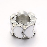 Platinum Plated Alloy Enamel Large Hole Beads, Rondelle with Heart, White, 10.5x6.5mm, Hole: 5.5mm(ENAM-M043-02)
