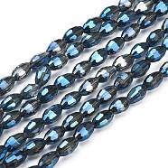 Electroplate Glass Beads Strands, Full Rainbow Plated, Faceted, Oval, Blue, 6x4mm, Hole: 1mm, about 72pcs/strand, 16 inch(EGLA-J013-4X6mm-F34)