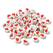 Handmade Polymer Clay Beads, Round with Heart, Red, 9.5x4.5mm, Hole: 1.8mm(CLAY-Z001-04)