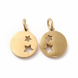 Ion Plating(IP) 304 Stainless Steel Pendants, with Jump Ring, Flat Round with Star, Real 14K Gold Plated, 11.5x10x1.5mm, Hole: 3mm(STAS-E185-14G)