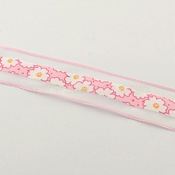 Single Face Flower Printed Polyester Grosgrain Organza Ribbons, for Gift Packaging, Pink, 1-1/2 inch(38mm), about 20yards/roll(18.288m/roll), roll: about 95x1-1/2 inch(38mm)(ORIB-S039-38mm-06)