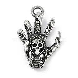 316 Surgical Stainless Steel Pendants, Claw with Skull Charm, Antique Silver, 22x15x7.5mm, Hole: 2.2mm(STAS-G349-06AS)