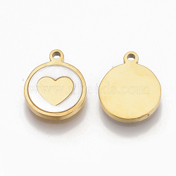 304 Stainless Steel Charms, with Shell, Flat Round with Heart, Golden, 12x10x1.5mm, Hole: 1.2mm(X-STAS-S079-126G)