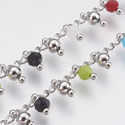 3.28 Feet Handmade Brass Link Curb Chains, Soldered, with Faceted Glasses Beads, Platinum, Colorful, 7.5mm(X-CHC-R131-04)