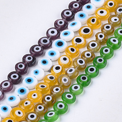 Handmade Evil Eye Lampwork Flat Round Bead Strands, Mixed Color, 12x5mm, Hole: 1mm, about 33pcs/strand, 14.76 inch(LAMP-L058-12mm-M)