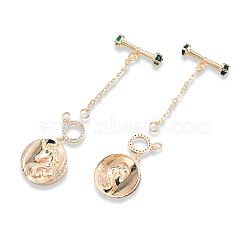 Brass Clear & Green Cubic Zirconia Toggle Clasps, Cadmium Free & Nickel Free & Lead Free, Flat Round with Unicorn, Real 18K Gold Plated, Unicorn: 20x18x3.5mm, Hole: 1.4mm, Bar: 20.5x6x5mm, Hole: 1.4mm, Chain: 30mm(KK-N232-467)