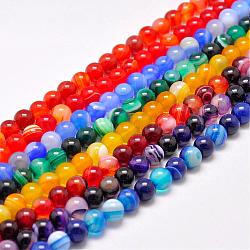 Natural Striped Agate/Banded Agate Bead Strands, Dyed & Heated Color, Round, Grade A, Mixed Color, 8mm, Hole: 1mm, about 48pcs/strand, 15.1 inch(385mm)(G-G962-8mm-M)