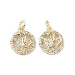 Brass Micro Pave Cubic Zirconia Pendants, Flower Charms, Rack Plating, Long-Lasting Plated, Cadmium Free & Lead Free, Flat Round, 14x12x3.5mm, Hole: 3mm(KK-D235-02G-03)