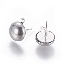 Stainless Steel Stud Earring Findings, with Loop, Half Round, Stainless Steel Color, 14.5x12mm, Hole: 1.4mm, Pin: 0.7mm(STAS-E464-01B-P)