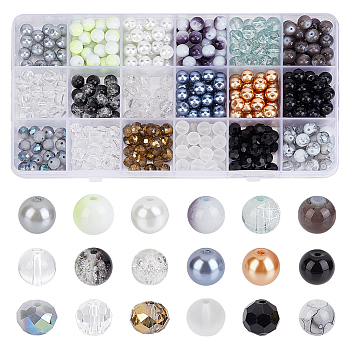 WADORN 540Pcs 18 Style Baking Painted Pearlized & Opaque & Transparent Glass Beads, Round, Mixed Color, 8~9x6~9mm, Hole: 1~1.6mm, 30g/style