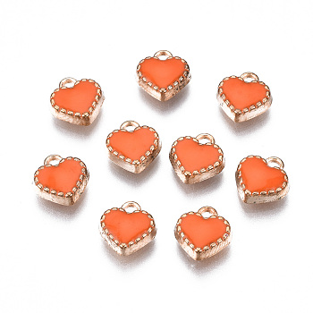 Alloy Enamel Charms, Heart, Light Gold, Coral, 8x7.50x2.50mm, Hole: 1.5mm
