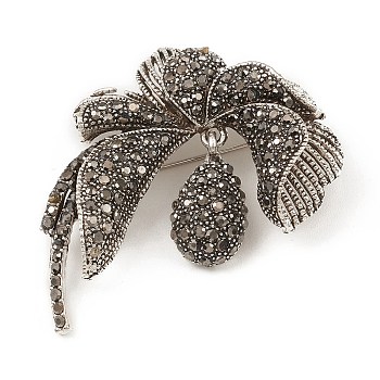 Alloy Rhinestone Brooch Pins,  Flower Badge for Clothes Backpack, Antique Silver, 59x47x14mm