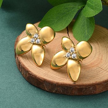 304 Stainless Steel Rhinstone Stud Earrings, Flower, Real 18K Gold Plated, 27.5x24mm