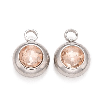 304 Stainless Steel Charms, Flat Round with Glass Rhinestone, Stainless Steel Color, PeachPuff, 14x10x6mm, Hole: 2.5mm