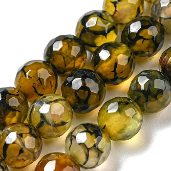 Natural Agate Beads Strands, Dyed & Heated, Round, Faceted, Olive, 6mm, Hole: 1mm, about 62pcs/strand, 14.37~14.76 inch(36.5~37.5cm)