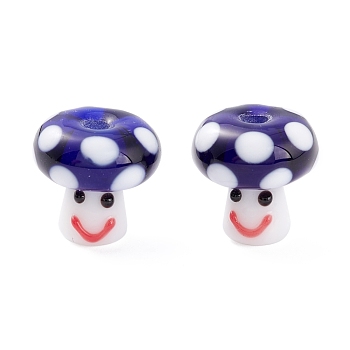 Handmade Lampwork Beads, Smiling Face Mushroom Beads, Blue, 13x13mm, Hole: 3mm