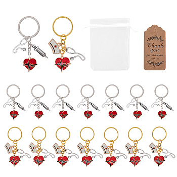 16Pcs 2 Styles Medical Theme Alloy Enamel Heartbeat Stethoscope Nurse Cap Pendant Keychains, with Kraft Paper Price Tags and Organza Git Bags, Mixed Color, Keychain:7.2~7.7cm, about 8pcs/style, Total: 48Pcs/set