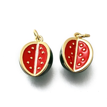 Brass Enamel Pendants, Rack Plating, Cadmium Free & Lead Free, Long-Lasting Plated, Real 18K Gold Plated, Watermelon, 13.5x10x8mm, Hole: 3mm