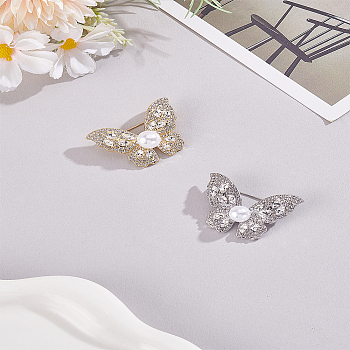 2Pcs 2 Colors Alloy Brooch, Rhinestone and Imitation Pearl Lapel Pin, Butterfly, Mixed Color, 30x40mm, 1pc/color