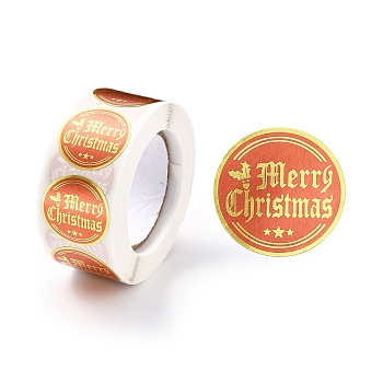 Christmas Themed Flat Round Roll Stickers, Self-Adhesive Paper Gift Tag Stickers, for Party, Decorative Presents, Merry Christmas, Word, 25x0.1mm, about 500pcs/roll