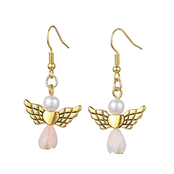 Angel Antique Golden Alloy & Resin Dangle Earrings, Imitation Pearl Acrylic Drop Earrings, Misty Rose, 45x21.5mm