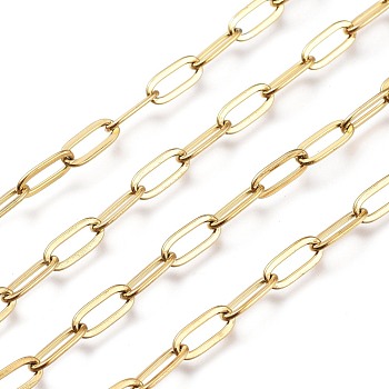 3.28 Feet Ion Plating(IP) 304 Stainless Steel Cable Chains, Paperclip Chains, Drawn Elongated Cable Chains, Soldered, Real 18K Gold Plated, 9.7x4.2x0.6mm