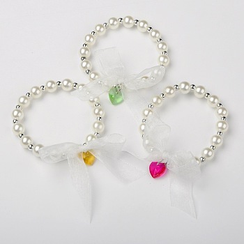 Acrylic Round Beaded Kids Stretch Bracelets, with Glass Heart Beads and Ribbon, Platinum Metal Color, Mixed Color, 45mm