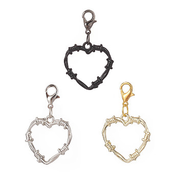 3Pcs Heart Alloy Pendant Decorations, with Alloy Lobster Claw Clasps, Mixed Color, 38mm