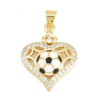 Football Brass Micro Pave Cubic Zirconia Pendants, with Enamel, Golden, Heart, 27x18x6mm, Hole: 4x3mm